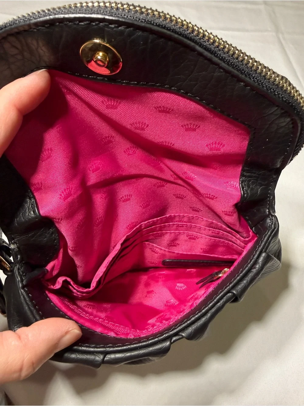 Y2K Juicy Couture Royal Black Wristlet Clutch With Hot Pink Crown Interior